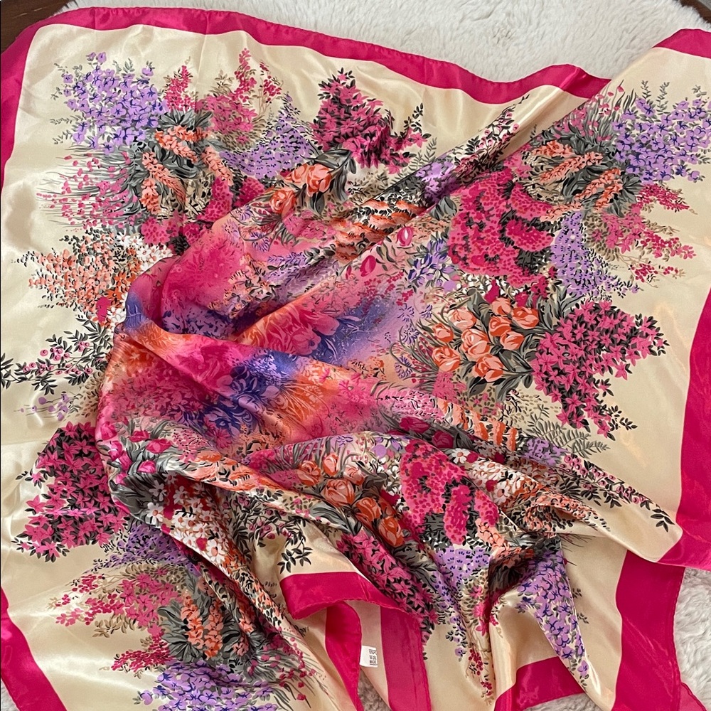 Floral Silk-Look Square Scarf in Hot Pink & Cream